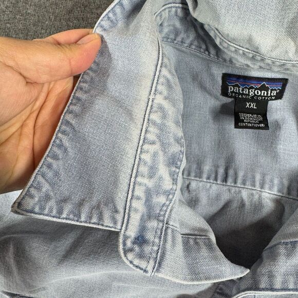 Vintage Patagonia Heavy Denim Button Up Shirt 2XL XXL Long Sleeve Logo Faded - Picture 10 of 13